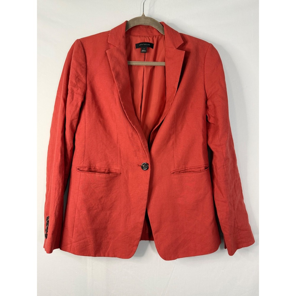 Ann Taylor Blazer Womens 0 Red Linen Cotton Blend Single Button Notched Lapel